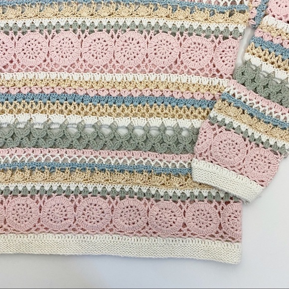 VINTAGE Cottage Crochet Open Knit Linen Blend Sweater Medium Spring Pastel - Picture 8 of 13